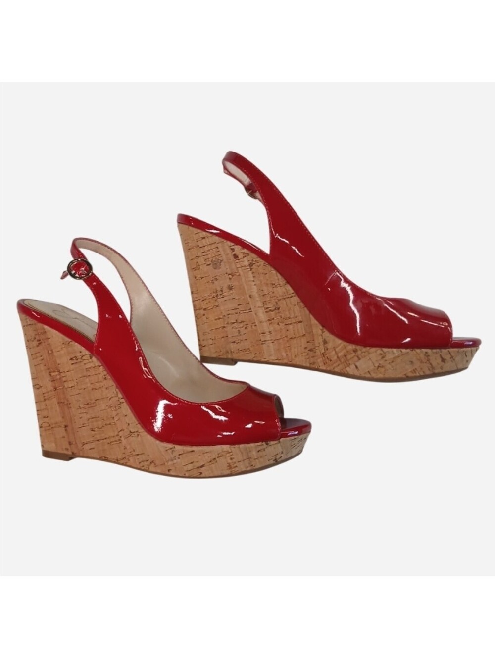 Jessica Simpson Red Patent Cork Wedge Platform Heels Peep Toe Slingback 5.5